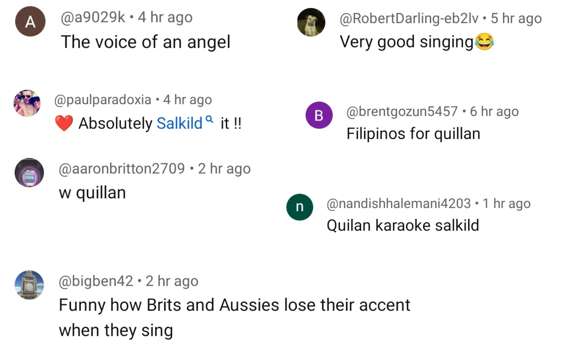 Quillan Salkilld singing fan reactions screengrabs
